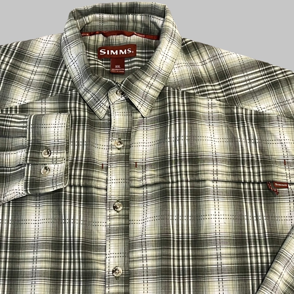 Simms Shirt Mens XXL Green L/S B/U Zippered Pockets Outdoor Fishing